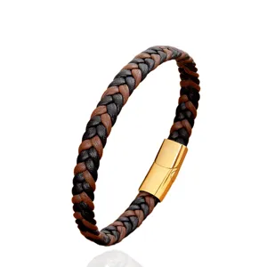 Vintage Two-Tone Braided Leather Bracelet with Stainless Steel Magnetic Clasp for Men Women