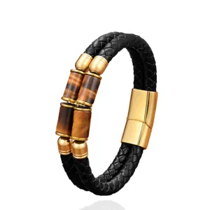 Bracelet en cuir tressé double pour homme avec œil de tigre et fermoir magnétique or.
