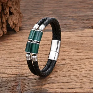 Vintage Geflochtenes Leder Armband Damen Herren Edelstahl Magnetverschluss Naturstein Fassperlen Handschmuck Geschenk