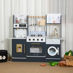 Set da cucina giocattolo in legno per bambini, cucina finta con fornelli e accessori vari.