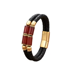 Vintage schwarzes Leder geflochtenes Armband mit roten Perlen und goldenem Magnetverschluss