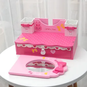 Kids wooden pretend play makeup vanity toy set with drawer storage box and cute pink bunny mirror.