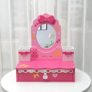 Kids wooden vanity table pretend play toy girls makeup dressing table with mirror and storage drawer