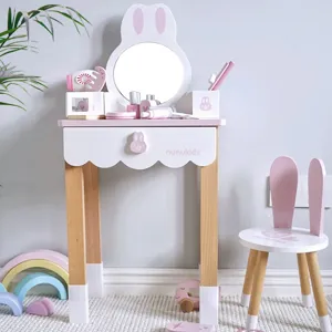 Table Coiffeuse de Simulation en Bois pour Enfants Table de Maquillage Princesse Jouet d'Imitation Design Lapin Cadeau d'Anniversaire