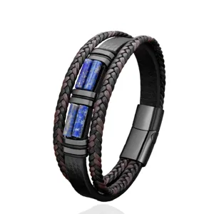 Men multi-layer braided leather bracelet with blue stone beads and black magnetic clasp