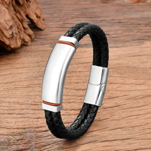 Men's Double Layer Woven Leather Bracelet Stainless Steel Magnetic Buckle Minimalist Braid Hand Wrap Jewelry Boyfriend Style Gift