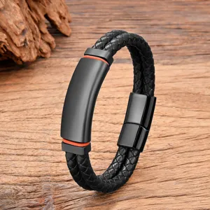 Close-up of mens double layer braided leather bracelet with black stainless steel clasp.