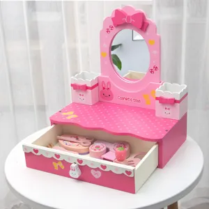 Kids wooden pretend play vanity table set with mirror and drawer, pink toy makeup gifts.