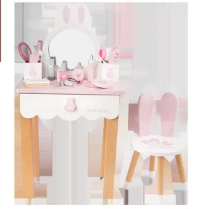 Coiffeuse enfant en bois avec chaise, jouet de maquillage design lapin mignon pour les petites filles.
