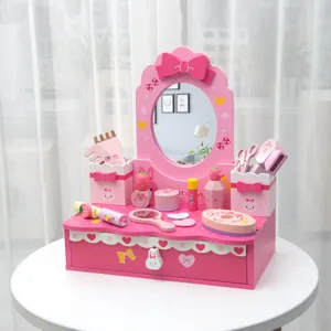 Kids wooden pretend play makeup vanity set pink dressing table toy for little girls gift