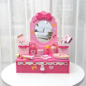 Wooden kids pretend play vanity table set with cute makeup toys, pink princess gift for girls.