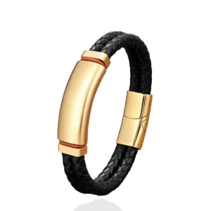 Men's black braided leather bracelet with gold stainless steel magnetic clasp jewelry
