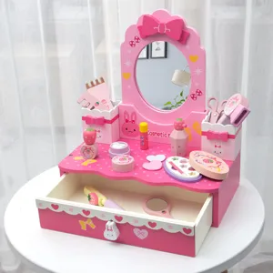 Kids wooden pretend play vanity makeup table toy set with mirror, drawer and cute accessories