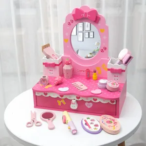 Wooden pretend play makeup vanity toy set for girls, pink dressing table with beauty accessories.
