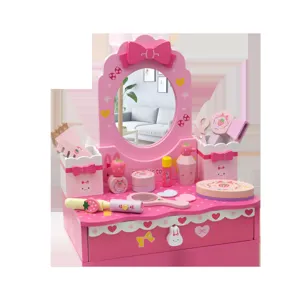 Kids wooden pretend play makeup vanity table set with mirror and cute pink accessories for girls