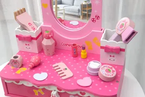 Kids wooden pretend play makeup dressing table toy set with cute accessories for girls.