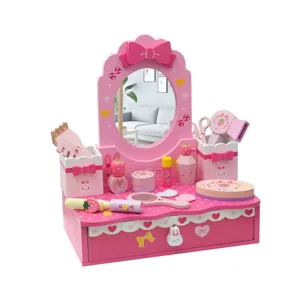 Kids wooden pretend play makeup vanity table set with mirror and cute cosmetic toy accessories.
