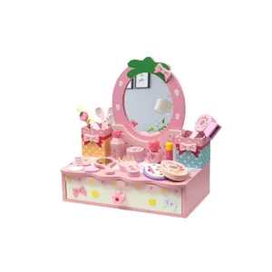 Kids wooden makeup vanity table toy pink strawberry princess dressing table set for girls gift