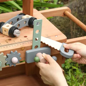 Wooden toy workbench set for kids, interactive tool playset with screws, gears and saw.