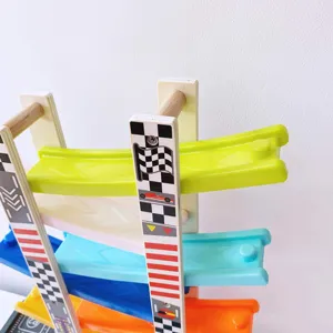 Close-up detail of wooden toddler sliding track car toy, multi-layer colorful race tracks.