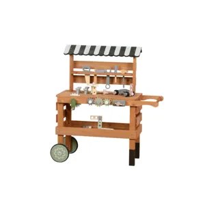 Wooden kids tool workbench toy with simulation hammer wrench gears and push cart design.