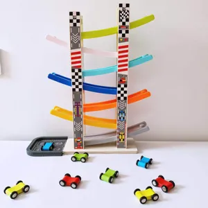 Wooden car ramp toy with colorful sliding tracks and small cars for toddlers and kids.