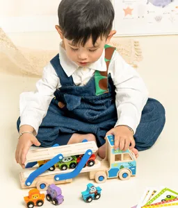 Wooden animal car carrier toy detail showing cute cartoon animal blocks and truck for kids.