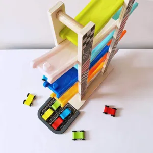Wooden multi-tier ramp race track toy with colorful sliding cars for toddlers and kids play