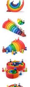 Wooden 12-piece rainbow stacker arch block set with peg dolls and balls for kids educational play.
