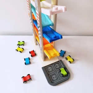 Wooden multi-level parking ramp toy detail, colorful sliding cars and numbered parking base.