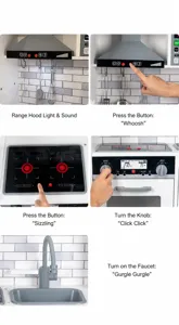 Vista dettagliata della cucina giocattolo per bambini con effetti sonori e luminosi interattivi.