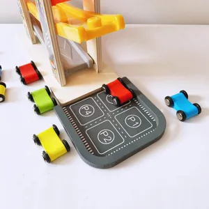Wooden ramp car toy set for toddlers with colorful sliding cars and parking slots.