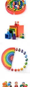 Wooden rainbow stacking toy with nesting blocks and colorful peg dolls for kids early learning.