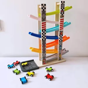 Wooden ramp racer toy set with colorful sliding tracks and small cars for toddlers and kids.