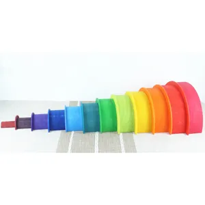 Large wooden rainbow stacking semi-circle arches 12-piece Montessori toy for kids.