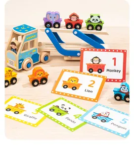 Wooden animal train toy set with magnetic cars and number cards for kids early learning.