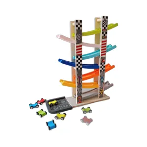 Wooden ramp racer toy for kids, colorful sliding track with small cars and parking spots.