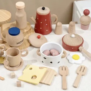 Wooden Pretend Play Afternoon Tea Set Kitchen Toy Simulation Cake Dessert Tea Pot Cup Educational Toys For Kids