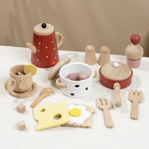 Wooden pretend play kitchen toy set afternoon tea pot cups food educational toys for kids main