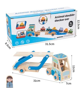 Wooden animal double-decker car transport truck toy set with cute blocks for kids.