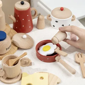 Wooden pretend play kitchen toy set with teapot pan and cups for kids early education