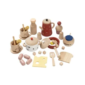 Wooden pretend play kitchen tea set for kids, early education toy with teapot, cups, and food accessories