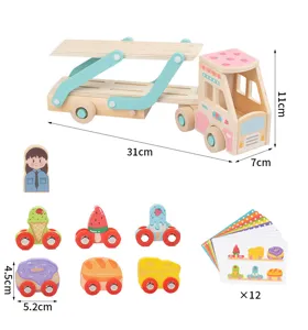 Details and dimensions of wooden magnetic car toy set, truck, dessert cars and cards.