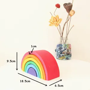 Detail view of the wooden rainbow stacking toy showing clear dimensions and vibrant colors.
