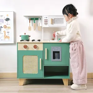 Hölzernes Pretend Play Küche Spielzeug Set Simulation Kochen Geschirr Pädagogisches Spielzeug Für Kleinkinder Kinder Grün Weiß
