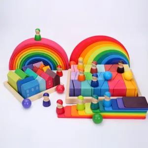 Large wooden rainbow stacking blocks set, 12 colors arch and peg dolls for kids early education.