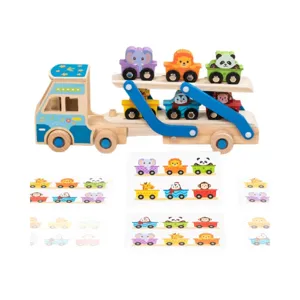 Wooden magnetic animal transport truck toy set for kids, early educational puzzle toys.