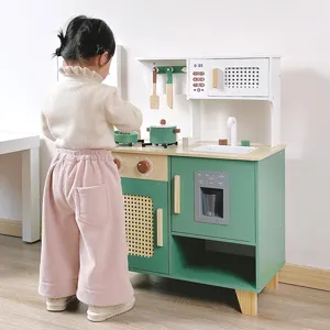 Holz Spielküche für Kinder, europäischer Stil Simulations Kochset mit Zubehör und Geräten.