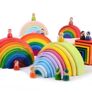 Wooden Rainbow Stacker Toy 12 Pieces Arch Building Blocks with Peg Dolls for Kids