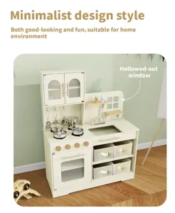 Ensemble de cuisine jouet en bois pour enfants avec cuisinière évier et paniers de rangement.